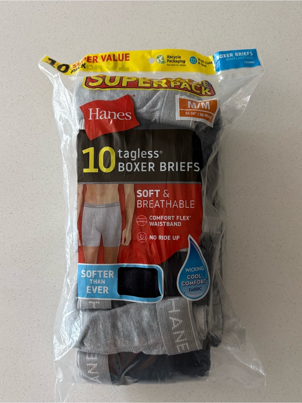 NWT Hanes Men's Tagless Boxer Briefs 10-Pack - Gray and Black Size Medium